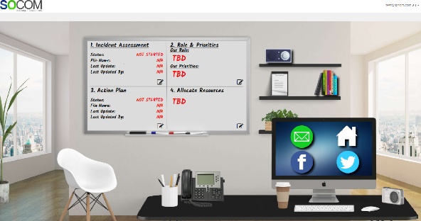 SimX crisis simulation interface showing a virtual office, incident whiteboard and communication channels.